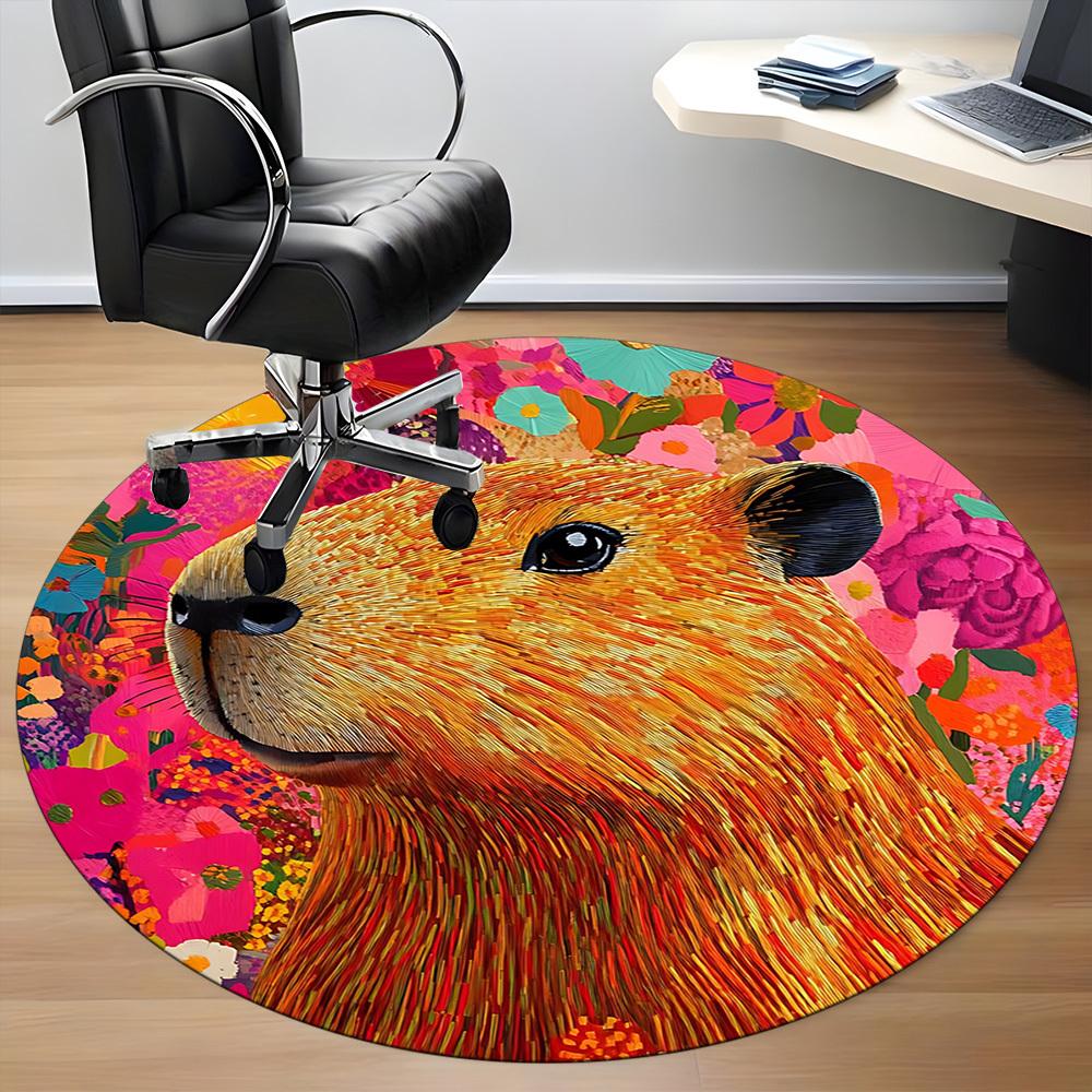 1pc Capybara Print Chair Carpet for Office, Round Non-Slip Durable Large Size Office Carpet, Suitable for Office, Beautiful Decoration