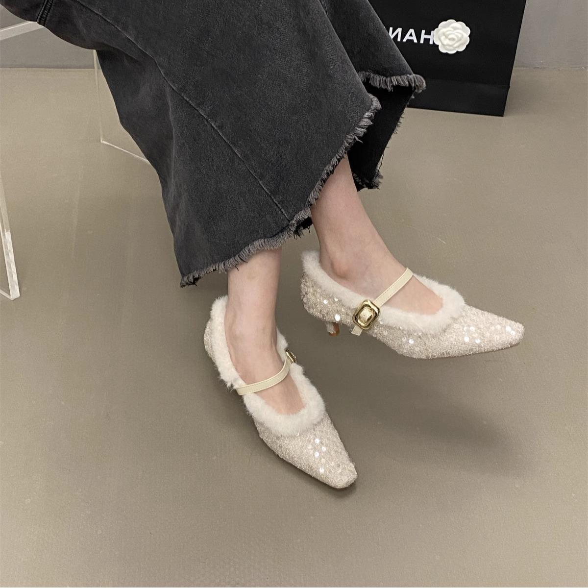 

Plush Mary Jane Single Shoes for Women 2024 New Designer Shiny Thin Heel Shoes Square Toe Shallow Mouth Warm Pumps Women s Shoes 40 білий