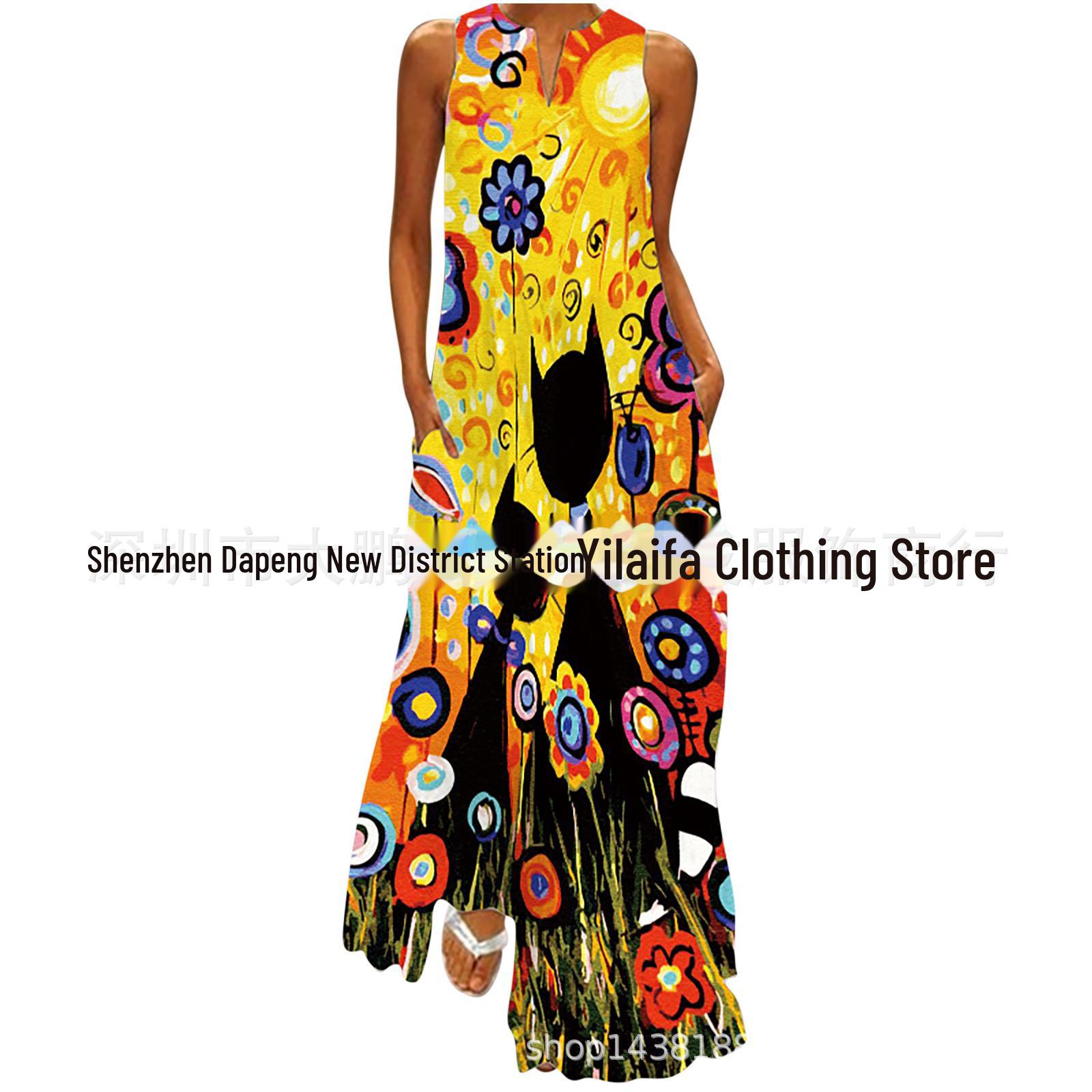

Летнее платье 2023 года с V-образным вырезом и принтом в стиле ретро без рукавов, многоцветное длинное платье 5XL