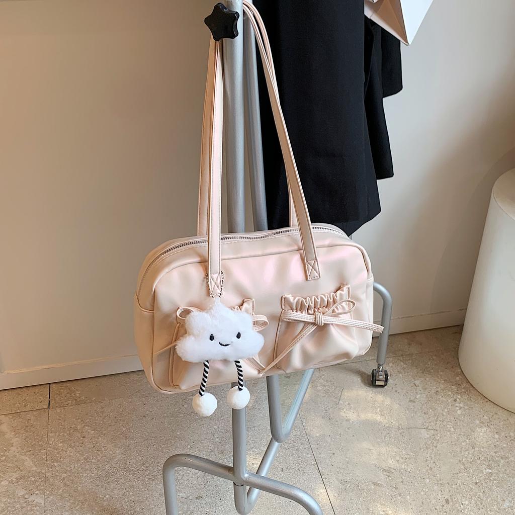 Shoulder Bag for Women Lightweight PU Handbag with Cloud Charm & Bow Front Pocket Large Capacity Zipper for Daily Commute