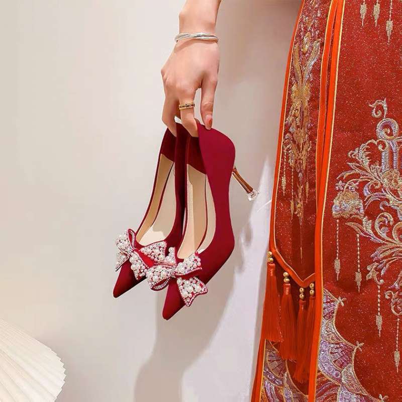 High heels women's thin heels Xiuhe wedding shoes women's 2025 spring and autumn new bridal red shoes Chinese wedding toast wedding