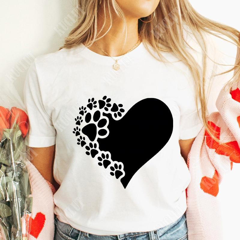 Funny Heart  Dog Paw Print Women Tshirts Fashion Summer Ladies Tshirts Short Sleeves Clothes Love Heart Fashion Casual Shirts