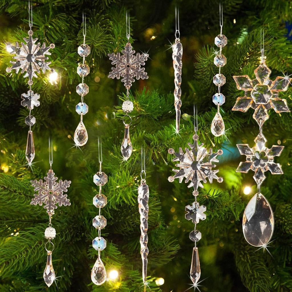 18-Piece Christmas Tree Decoration Set: Crystal Snowflakes & Icicle Ornaments