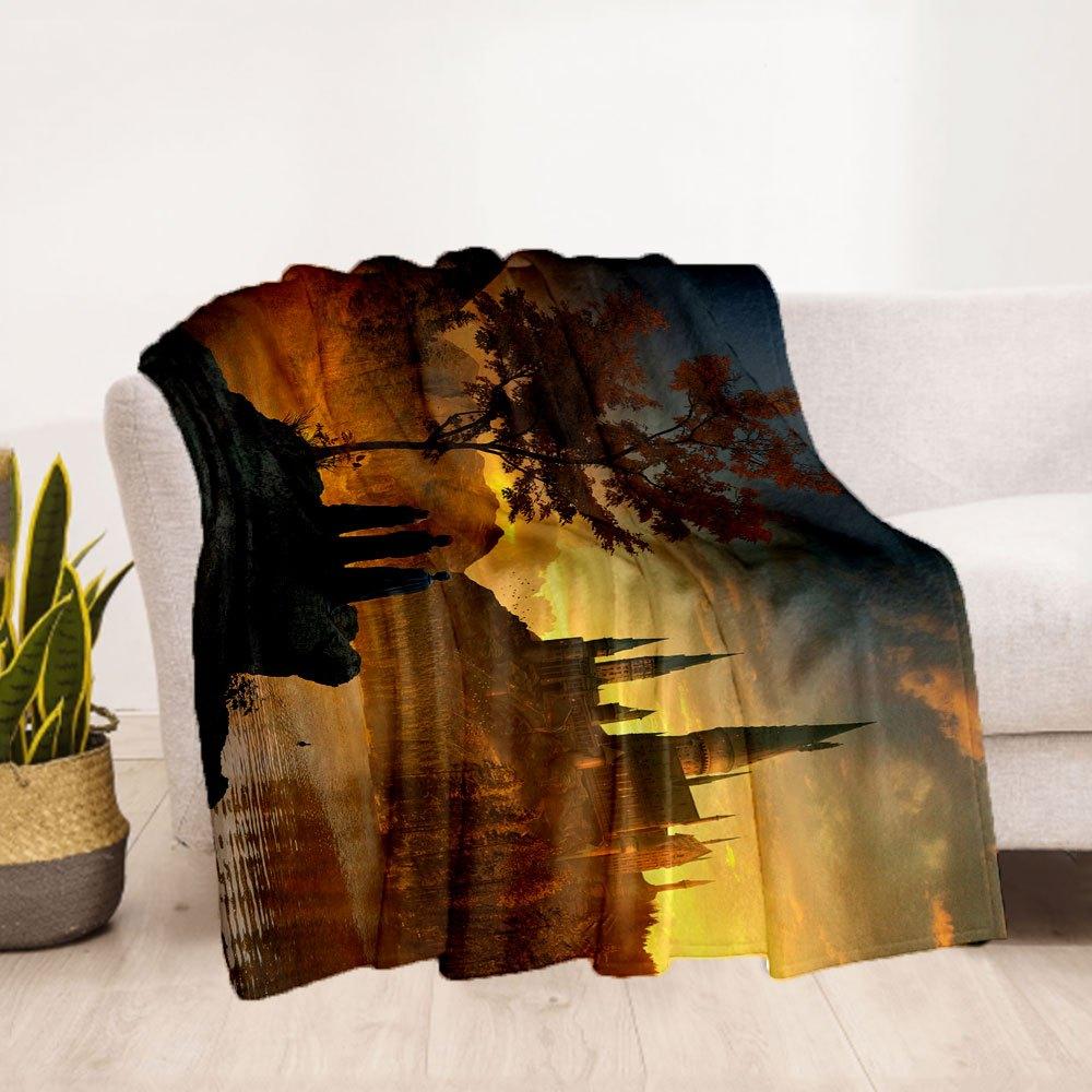 Hogwarts Castle Sunset Fantasy Art PrintBlanket Flannel Throw Blanket for Sofa, Bed, Travel, Camping, Office, Couch, Chair