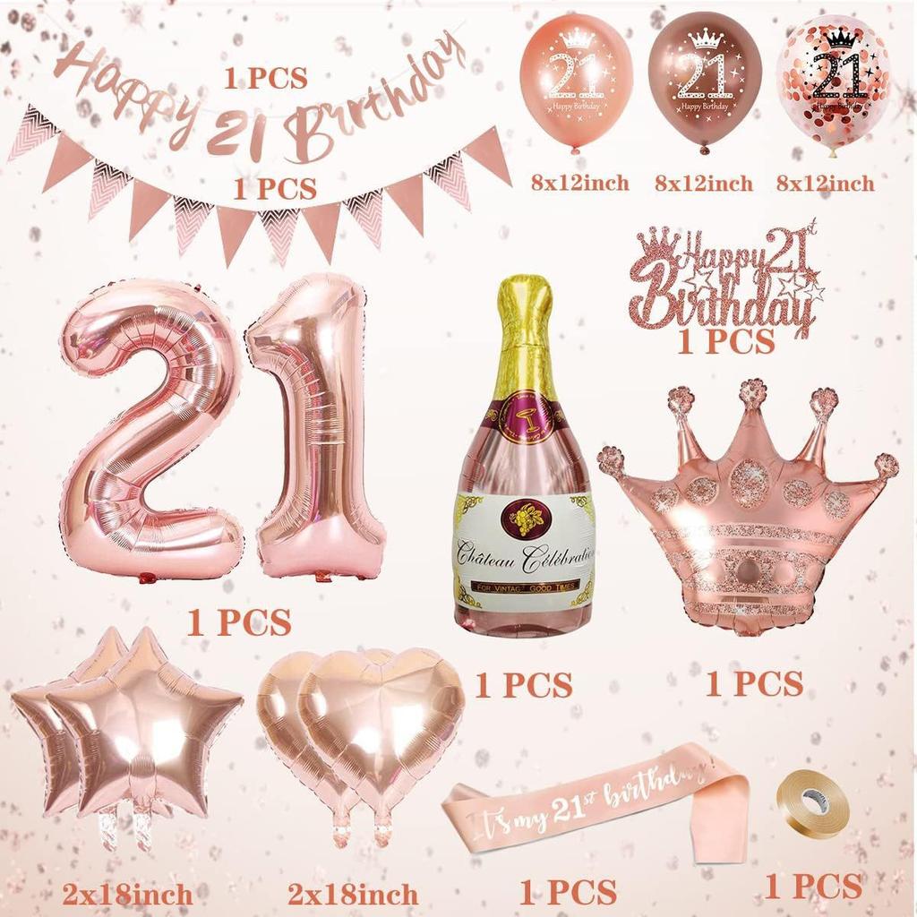 Rose Gold Digital Birthday Balloon Set, Rose Gold Digital Birthday Party Ornament Flag Balloon Set