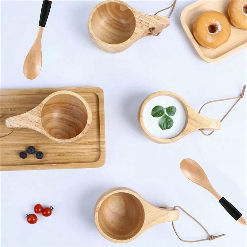 ABWR-4Pack Nordic Style Wooden Cup Kuksa Cup Portable Outdoor Camping Drinking Mug Wooden Coffee Cup With Wooden Spoon