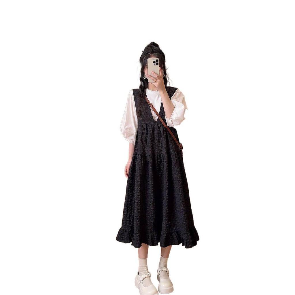 Retro Japanese V-Neck Strap Dress: Women's Korean Style, Loose Slimming, Plus Size Maternity Summer Fashion