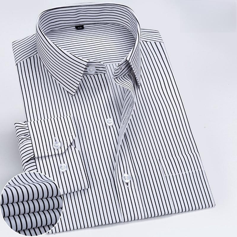 New Men Formal Shirt Long Sleeve Office Solid Color Striped Anti-Wrinkle Fashion Business Pocket White Social Pocket Shirt S-7XL