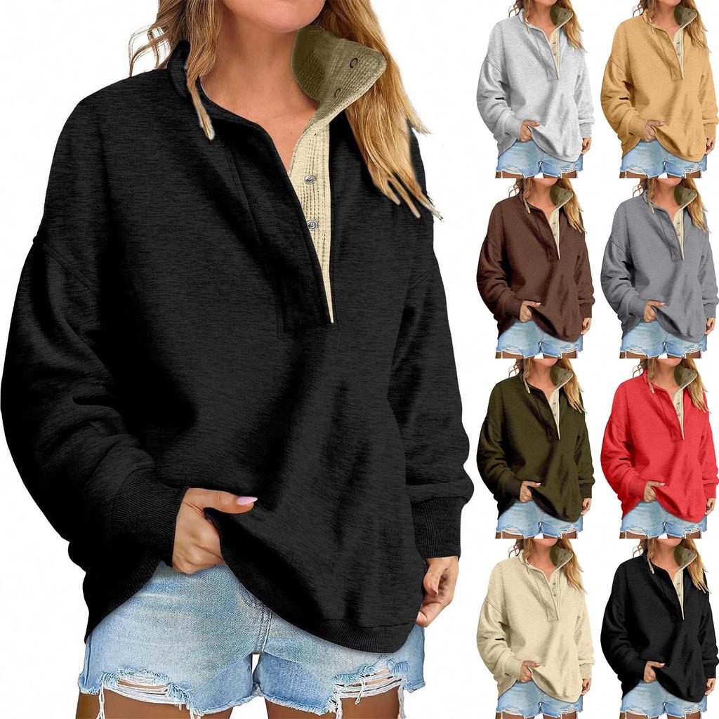 Women's Color Half Zip Pullover Sweatshirt with Button Long Sleeve