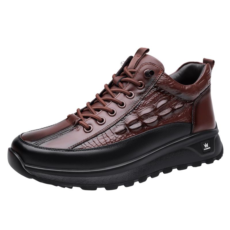 Fashionable Lace Up Warm Cotton Shoes with Fleece Winter Men's Genuine Leather Crocodile Pattern Northeast Cashmere Snow Boots