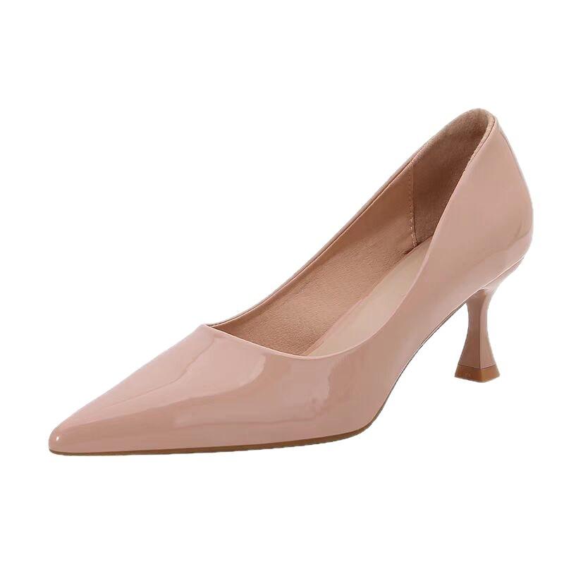 Nude high heels women's stilettos 2025 spring and autumn new patent leather pointed single shoes with skirts professional work shoes single shoes
