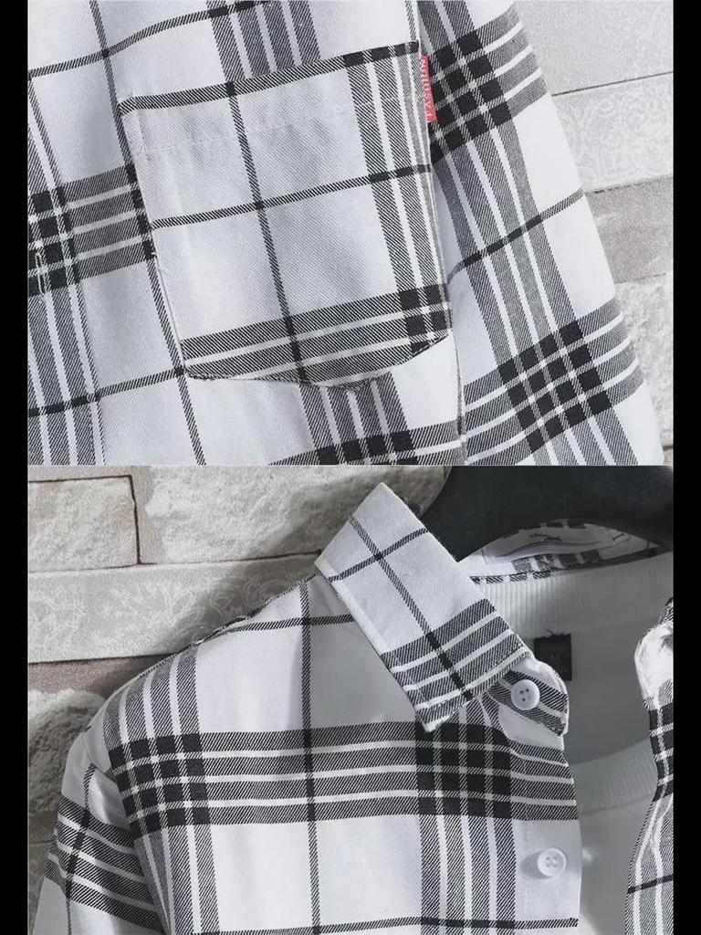 Męska koszula w kratę z długim rękawem o luźnym kroju - Trend w stylu koreańskim, duży rozmiar, kolekcja wiosna/lato