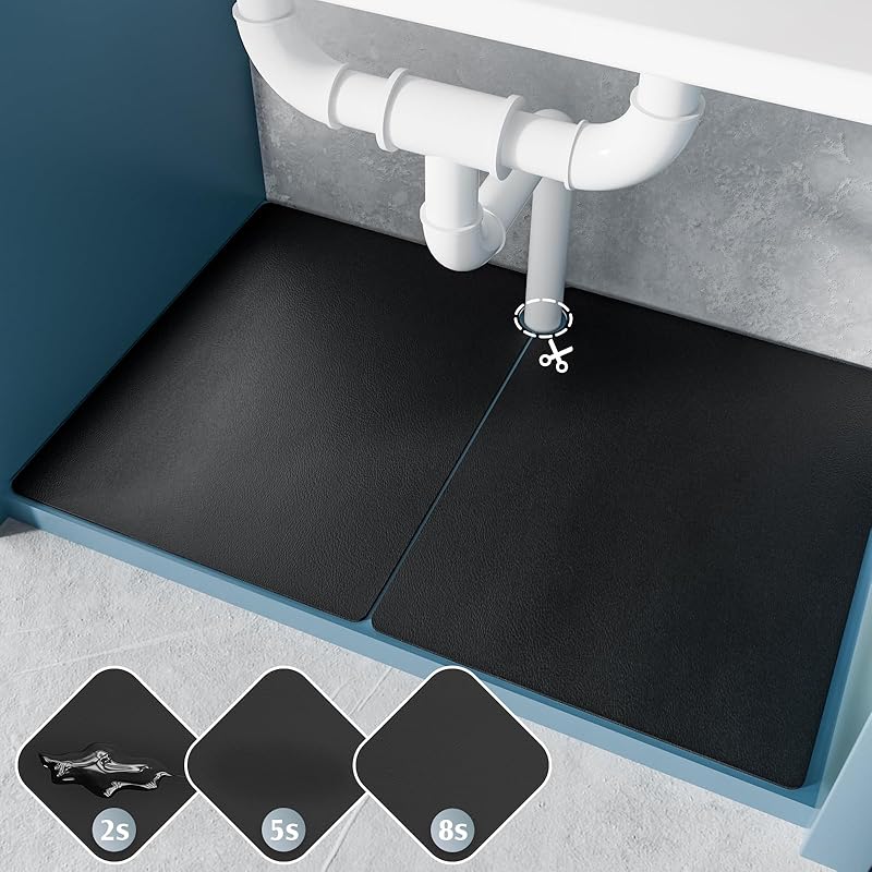Under Sink Mat for Kitchen, 2 Piece Super Absorbent Undersink Mats for Bottom of Kitchen Sink, 34" X 22" Cuttable Under Sink Liner, Quick-Dry Under