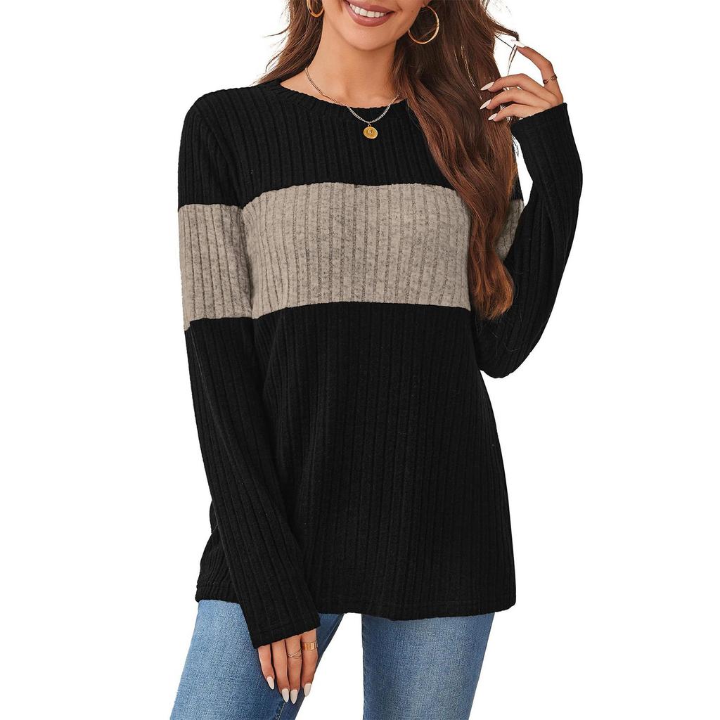 Women's Sweater Fashion Ribbed Color Block Top Long Sleeve Round Neck T-shirt