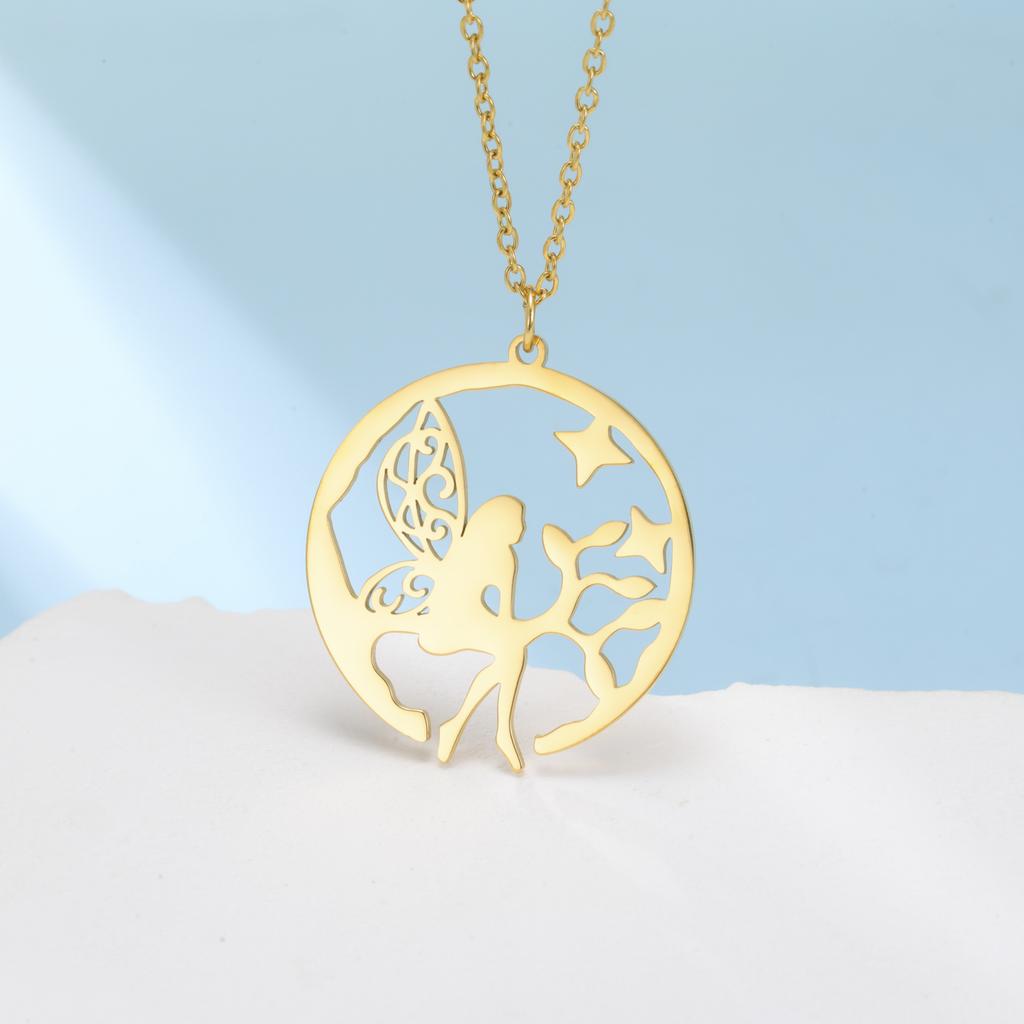 Lemegeton 2026 New Fashionable Stainless Steel Hollow Elf Angel Pendant Necklace Romantic and Elegant Collarbone Chain