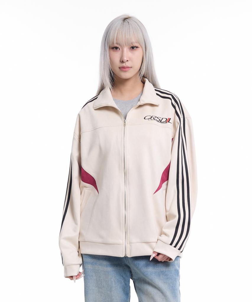 Cream Soda Lab Suede 4-Stripe Track Contrast Zip-Up Ivory