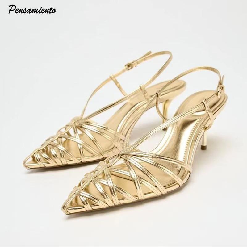 Ins Style Patent Leather Hollow Out Women Sandals Sexy Narrow Band Slingbacks Pointed Toe Thin High Heels Summer Shoes