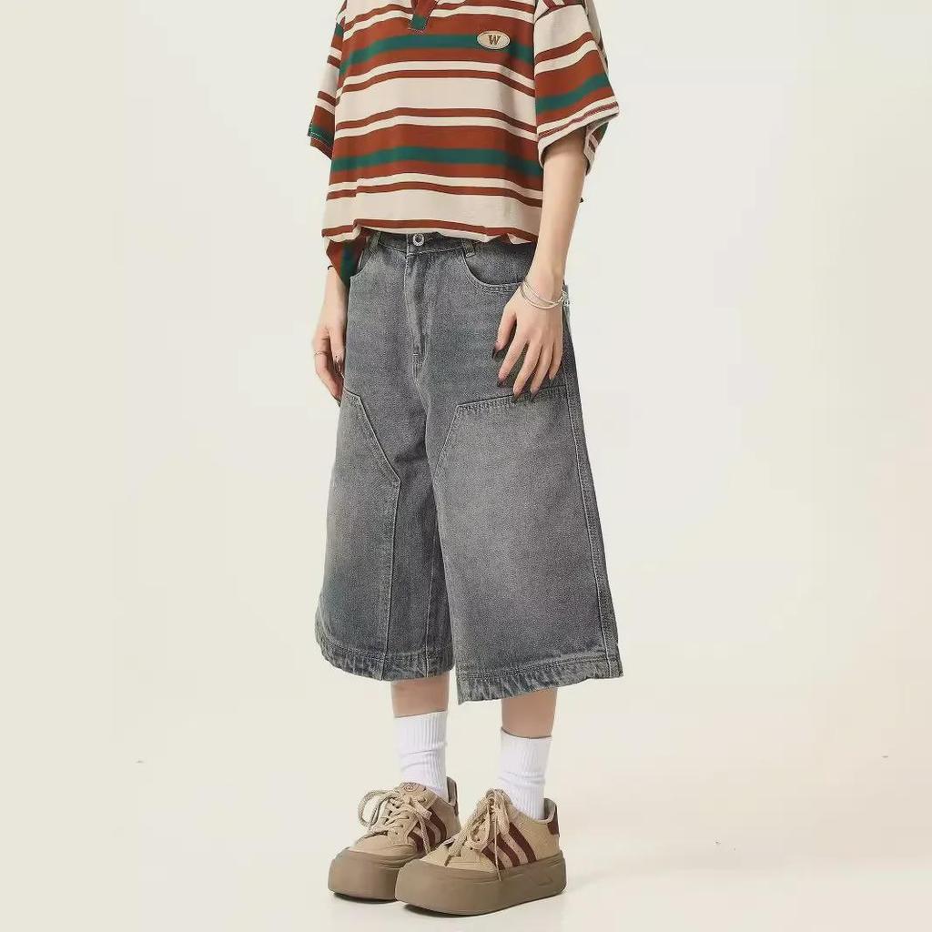 Unisex American Retro Washed Denim Shorts - Summer Street Style, Wide Leg, Distressed, Casual Trend.