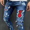 Multi Pockets Men Jeans Ripped Holes Denim Mid Waist Stretchy Tassel Skinny