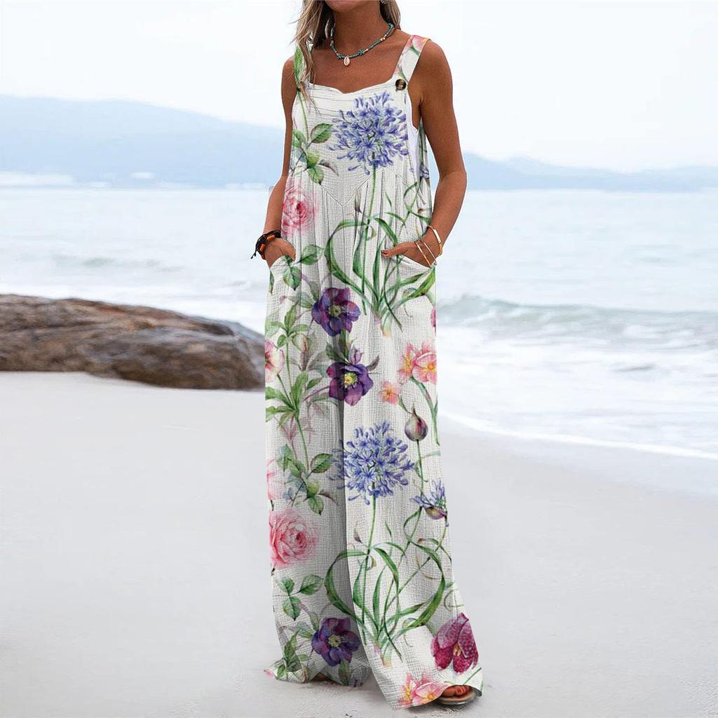 Wide Leg Overalls For Women Casual Loose Sleeveless Jumpsuits Retro Print Button Long Pant Romper Jumpsuit With Pockets