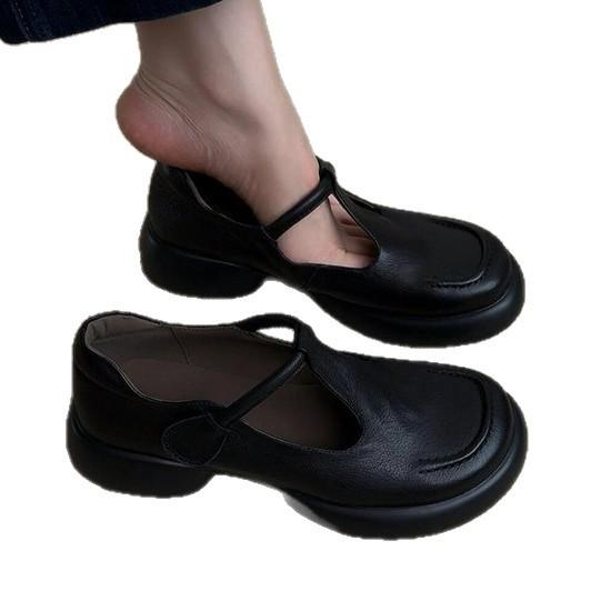 Soft Leather Version~ Retro Simple Round Head Platform Mary Jane Shoes Women's Commuting Versatile Casual Black Small Leather Shoes Single Shoes