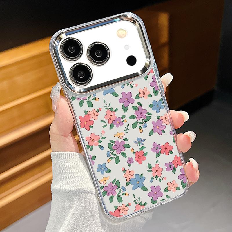 Blue Purple Flower Pattern Case For iPhone 17 Pro Max Plating Lens Frame Clear Soft Cover For iPhone 16 15 14 13 Pro Max 11 16E 17E