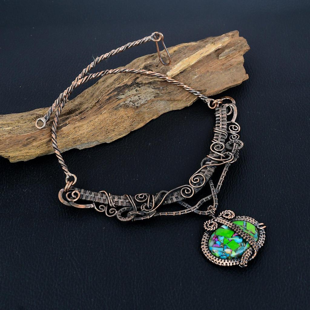 Fiesta Kingman Turquoise Necklace, 999 Copper Wire Wrapped Necklace Jewelry, Adjustable Chain Gemstone Handmade Jewelry Necklace, Gift For Friend