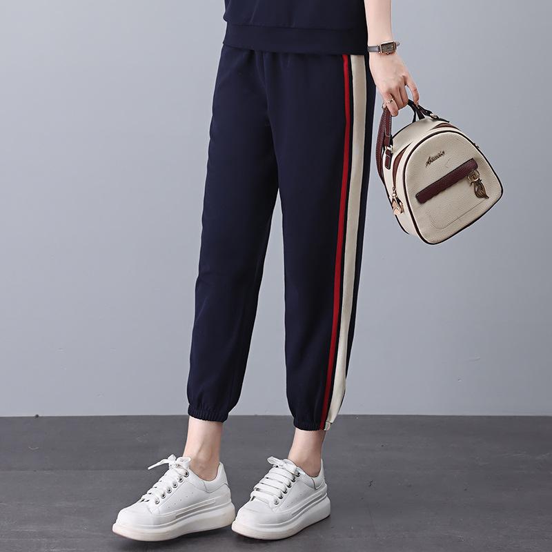 

Женские летние 2025 повседневные гаремные спортивные штаны с цветными блоками - Спортивные, Свободные, Большого размера, На манжетах, Длина до щиколотки XXXL (recommended 160-170 jin) темно-синий