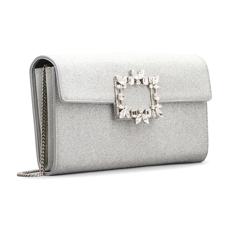Roger Vivier RV Glitter Buckle Chain Fabric Envelope Clutch Shoulder Crossbody Bag Women bags Gray RBWAMZD0200MH1B200