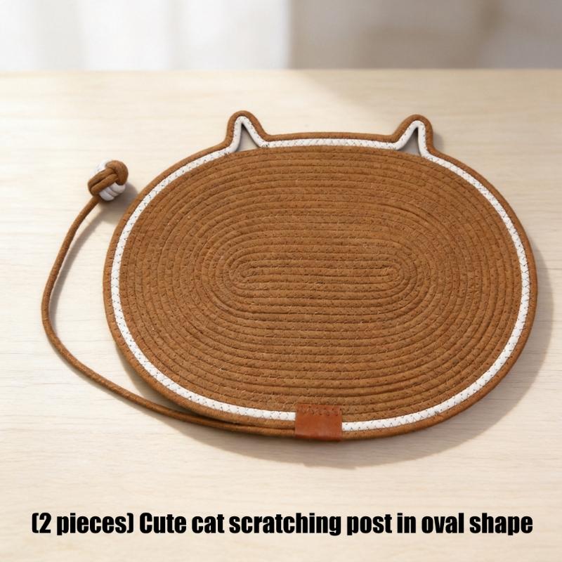 Rounded Pet Scratch Pad for Home Use, Cotton Rope Resting Area with Tail Detail, 2 Piece Set for Floor Use Value