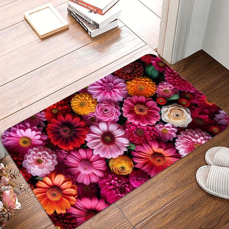 Beautiful Flowers Printing Non-Slip Small Rug Waterproof Easy Clean Floor Mat for Indoor Outdoor Use Durable Home Decor Fashion