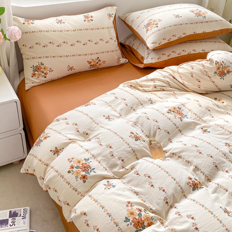 Korean Retro Floral Bedding Set 100% Washed Cotton Bed Sheets Set Soft Duvet Cover Bed Linen Pillowcase Single Double Queen King