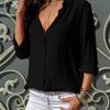 2025 Autumn Winter Women's Deep V-Neck Chiffon Blouse, Plus Size Button-Down Office Shirt With Flowy Sleeves, Elegant Business Casual Top For Workwear