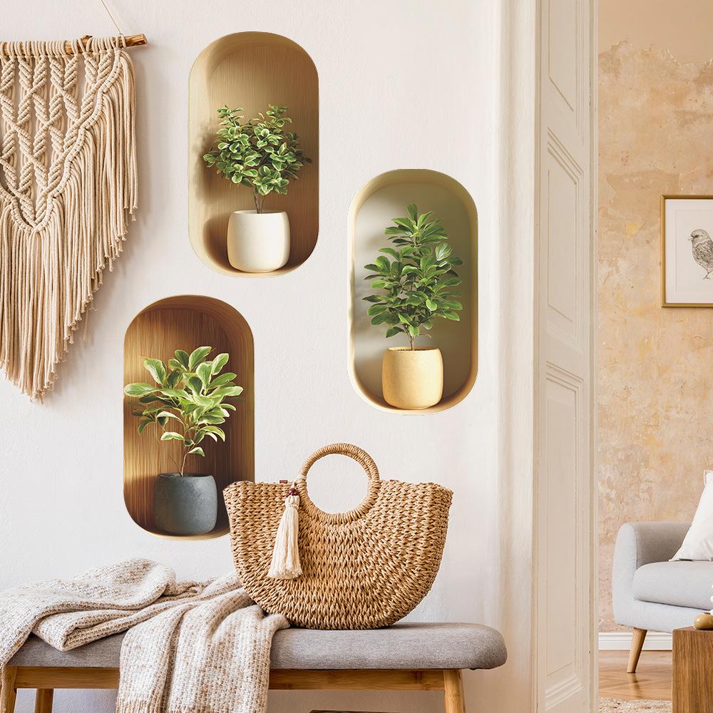 Elegant Green Plant Potted Plant Triptych, Entrance Hall, Dining Room Background, Wall Decoration Stickers