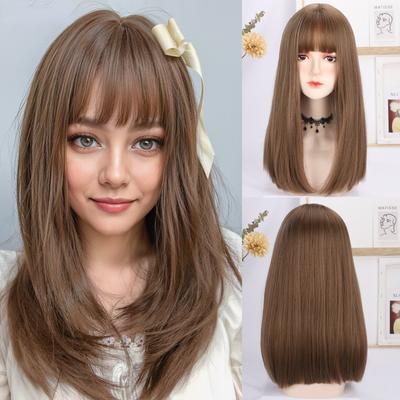 16 Inch Blonde Straight Bangs Wig Fiber Synthetic Wig Heat-resistant Non-Glare Natural Cosplay Hairpiece For Women Daily Korean Fashion
