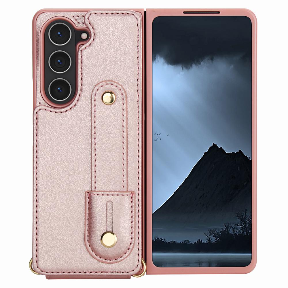 For Samsung Galaxy Z Fold5 5G Case Kickstand Card Slots Leather Coated TPU Cover with Shoulder Strap