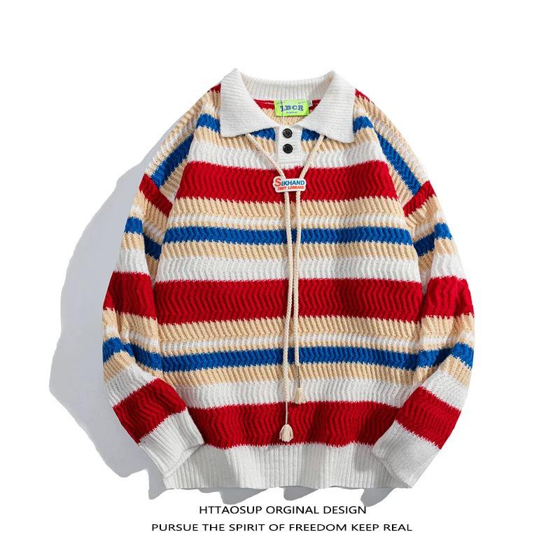 CURPOPP Men s Rainbow Stripe Polo Neck Sweater - College Style, Casual, Loose-Fit Knitwear 2XL
