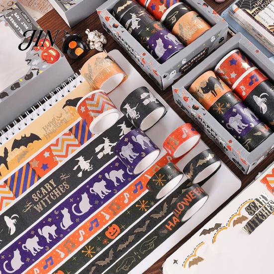 Taśma Washi na Halloween 8 Rolek Taśmy, Straszny Nietoperz Wiedźma Kot Wzór Dekoracyjna Japońska Papier do Junk Journalingu, Scrapbookingu, Rękodzieła DIY, Prezent