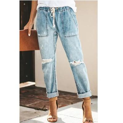Fashion Loose Washed Pocket Trousers Autumn Drawstring Elastic Waist Denim Jeans Casual Distressed Straight Pencil Pants 30211