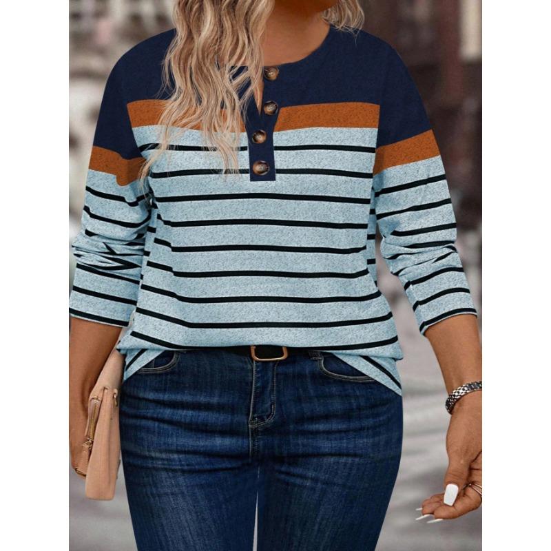 Women's Spring and Autumn New Fashion Versatile Striped Contrast Button Casual Long-sleeved T-shirt