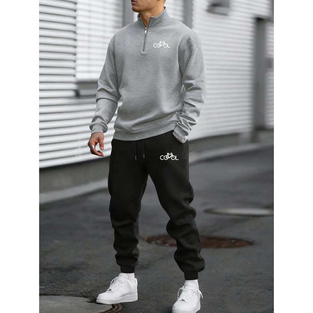 

Bicycle Printed New Men s Zipper Shirt Sports Shirt Pants 2 Piece Set, Casual Sports Autumn and Winter Comfortable Warm Stand Up Collar Top S