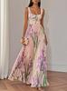 Women's Square Neck Sleeveless Floral Print Pleated Maxi Dress Elegant Backless A Line Long Dress For Wedding Guest Party Summer