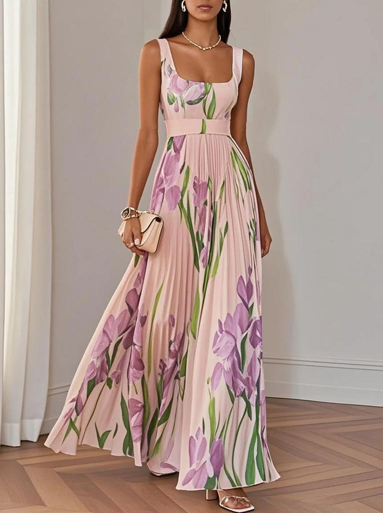 Women's Square Neck Sleeveless Floral Print Pleated Maxi Dress Elegant Backless A Line Long Dress For Wedding Guest Party Summer