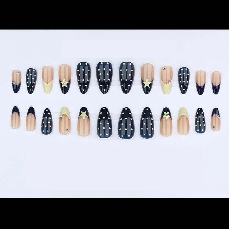 Long Wear French Manicure Nail Blue Yellow Geometric Stars Detail Break Resistant ABS For Bride Holiday