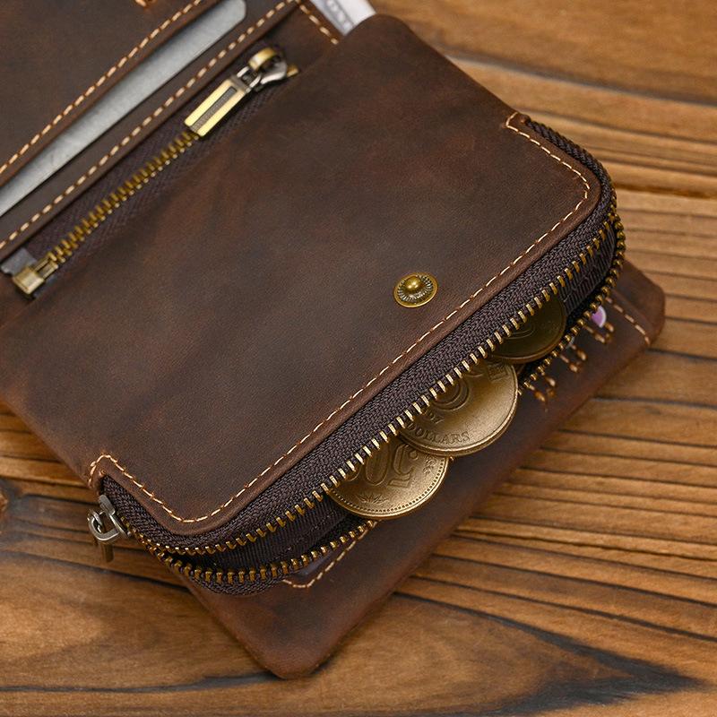 New Retro Leather Short Wallet with Zipper Change Bag Snap Button Wallet Crazy Horse Leather 20% Off Multi-card Wallet