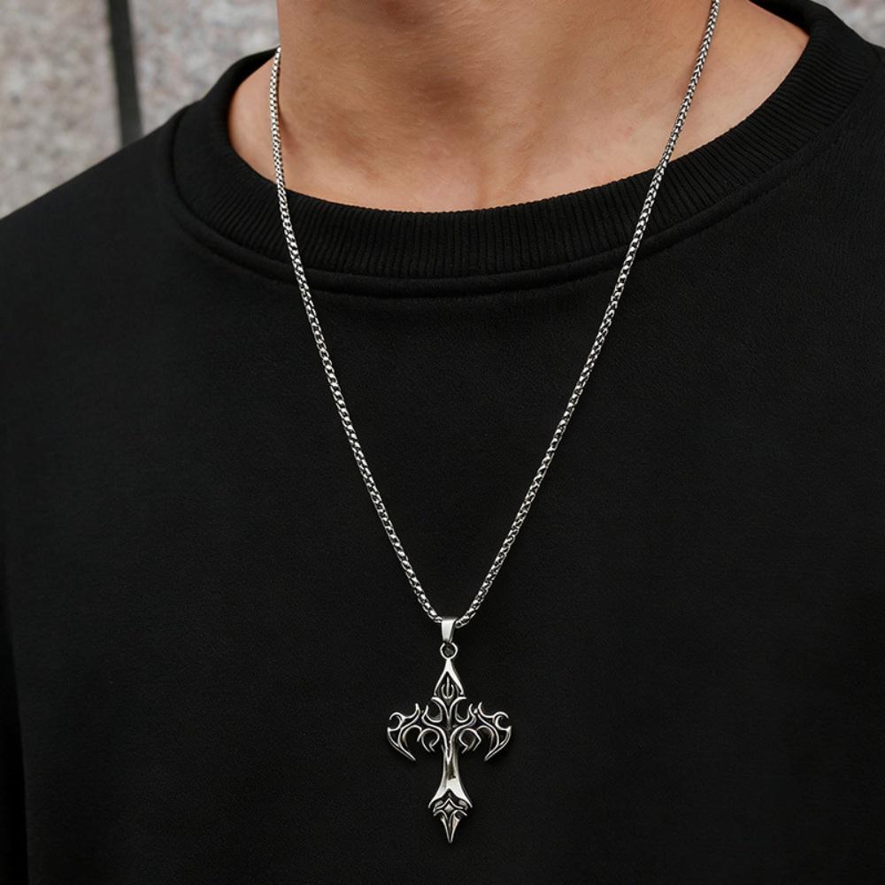 1 Piece Fashion Retro Flame Cross Pendant Necklace, Unisex Long Chain Punk Gothic Trendy Accessories