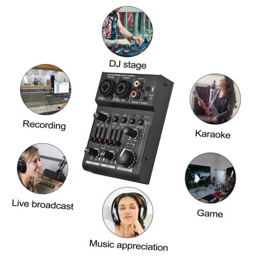 2-Channel USB DJ Mixer with EQ Phantom Power Compact Sound Card Audio Mixer Board for Live Performance and Recording
