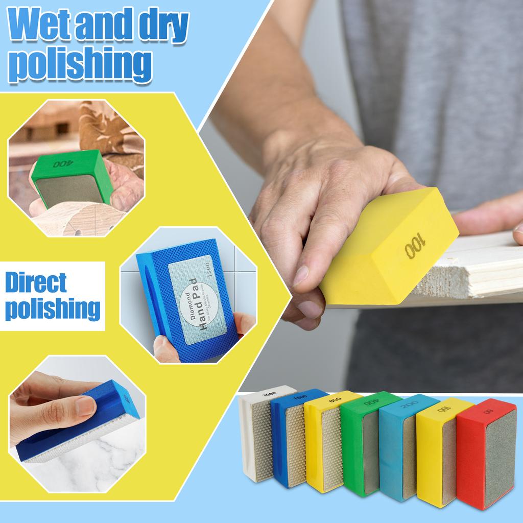 Diamond Hand Polishing Pads 60-3000 Grit Sanding Block Foam Backing for Tile Glass Stone Marble Granite Ceramics Metal Wet&Dry
