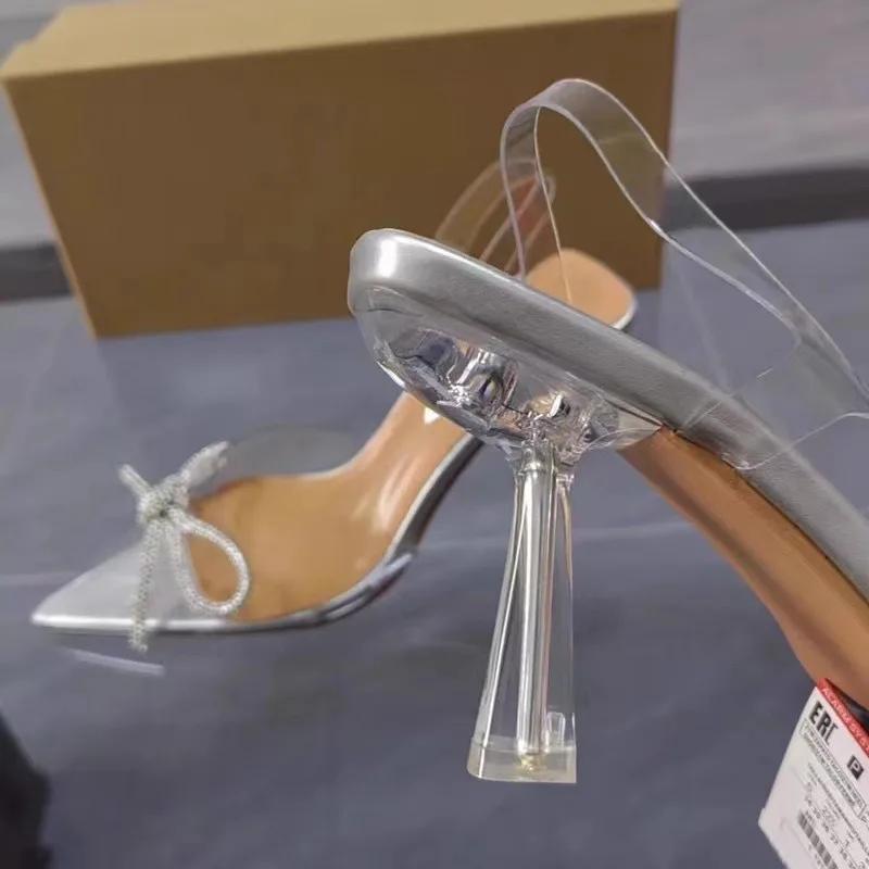 Elegant Pointed Toe Women's Summer Sandals Bow Rhinestone Clear High Heels Sexy Slingbacks Transparent Luxury Brand Female Shoes