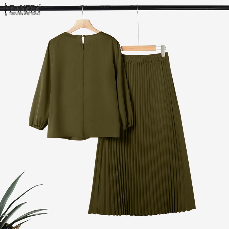 ZANZEA Women 3/4 Sleeve Blouse and Long Skirts Vintage Two Piece Suit Sets